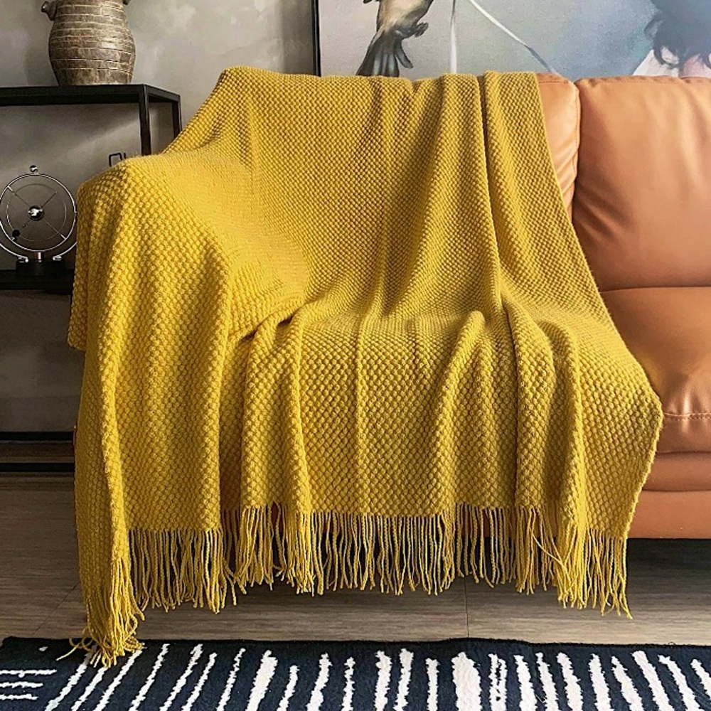 Sunflower Yellow Textured Tassel Boho Yellow Knit Blanket for Bed/Living Room